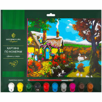 Картина по номерам "Домик у озера" A3, с акриловыми красками, картон, европодвес