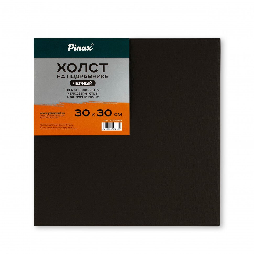 Холст на подрамнике 30х30 см, хлопок Пинакс, черный грунт, мелкозернистый, 380 гр/м2